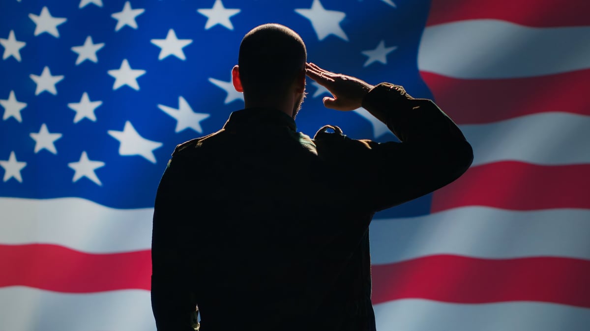 American soldier saluting USA flag in command center